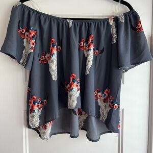 Floral Cattle Skull‎ Print Off-Shoulder Crop Top